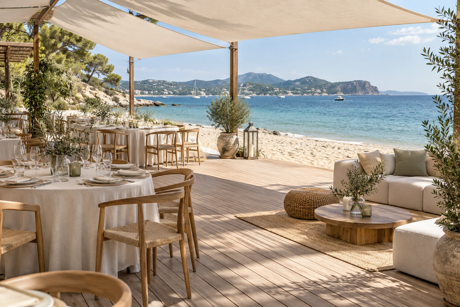 Illustration IA d&rsquo;ambiance : r&eacute;ception sur une plage de la Riviera &mdash; ne repr&eacute;sente pas le lieu r&eacute;el.