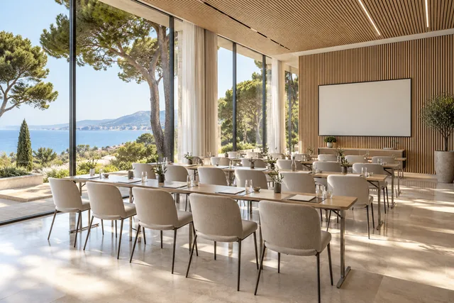 Illustration IA d&rsquo;ambiance : salle de r&eacute;union et de congr&egrave;s lumineuse &mdash; ne repr&eacute;sente pas le lieu r&eacute;el.