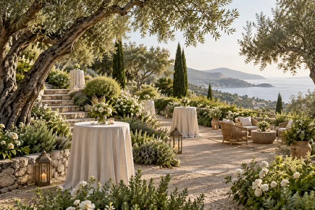 Illustration d&rsquo;ambiance : jardin m&eacute;diterran&eacute;en am&eacute;nag&eacute; pour une r&eacute;ception.