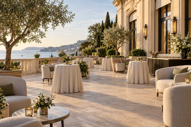 Illustration IA d&rsquo;ambiance : r&eacute;ception sur une terrasse d&rsquo;h&ocirc;tel &mdash; ne repr&eacute;sente pas le lieu r&eacute;el.