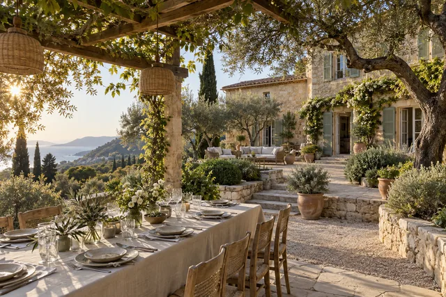 Illustration IA d&rsquo;ambiance : villa proven&ccedil;ale et jardin m&eacute;diterran&eacute;en &mdash; ne repr&eacute;sente pas le lieu r&eacute;el.